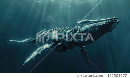 Whale skeleton swimming underwater in a deep blue sea. 122505677