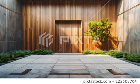 Fragment of a wooden facade of modern office with an entrance door. 122505704