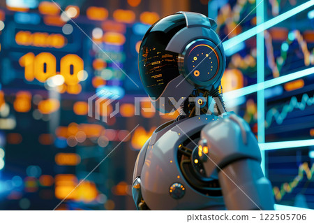Humanoid robot analyze stock market. Using artificial intelligence to analyze business data. 122505706