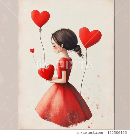 Vintage postcard, beautiful in love girl in dress with red hearts on background, birthday card, wedding card, atmosphere of love devotion happiness romance nostalgia  122506133