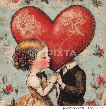Vintage postcard, for couple in love, woman and man in love, young couple with red hearts on background, birthday card, wedding card, atmosphere of love devotion happiness romance nostalgia  Vintage postcard, for couple in love, woman and man in love, young couple with red hearts on background, birthday card, wedding card, atmosphere of love devotion happiness romance nostalgia  122506141