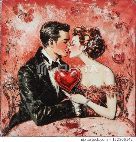 Vintage postcard, for couple in love, woman and man in love, young couple with red hearts on background, birthday card, wedding card, atmosphere of love devotion happiness romance nostalgia  Vintage postcard, for couple in love, woman and man in love, young couple with red hearts on background, birthday card, wedding card, atmosphere of love devotion happiness romance nostalgia  122506142
