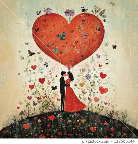 Vintage postcard, for couple in love, woman and man in love, young couple with red hearts on background, birthday card, wedding card, atmosphere of love devotion happiness romance nostalgia  Vintage postcard, for couple in love, woman and man in love, young couple with red hearts on background, birthday card, wedding card, atmosphere of love devotion happiness romance nostalgia  122506144