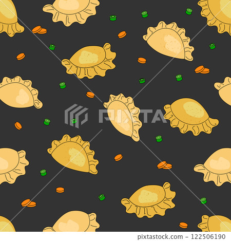 Dumpling seamless pattern for print on packaging. Hand drawn vector illustration. Dumpling seamless pattern for print on packaging. Hand drawn vector illustration. 122506190