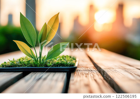 A small plant with fresh green leaves growing on a wooden surface, illuminated by warm sunlight with a blurred urban skyline in the background, symbolizing sustainability and growth. 122506195