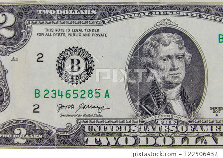 Macro shot of the two dollars bill Macro shot of the two dollars bill 122506432