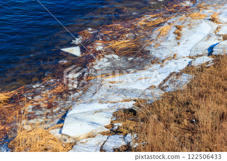 Bank of a wide river with pieces of ice during an ice drift Bank of a wide river with pieces of ice during an ice drift 122506433