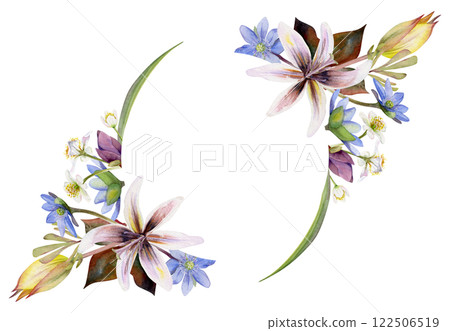Spring flowers, yellow tulip, fawn trout lily, white forest anemone primrose, blue hepatica forget-me-not, hand drawn in watercolor. Wreath frame illustration isolated on white. Wedding, florist shop 122506519