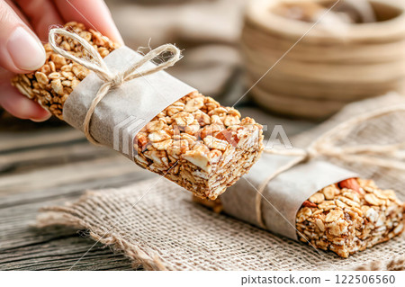 Close-up of a handmade granola bar wrapped in paper with a rustic twine bow on a textured wooden surface. 122506560