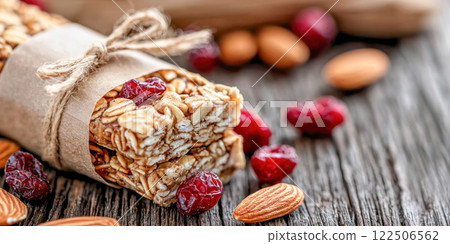 Close-up of a granola bar with oats, cranberries, and almonds on a rustic wooden surface. 122506562