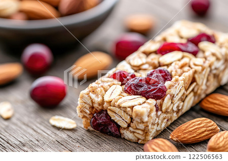Close-up of a granola bar with oats, cranberries, and almonds on a rustic wooden surface. 122506563