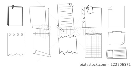 Memo sticky note reminder sheet paper. Doodle paper frame, check list with pin, tape, paperclip elements. Set cute notes, office or school messages. 122506571