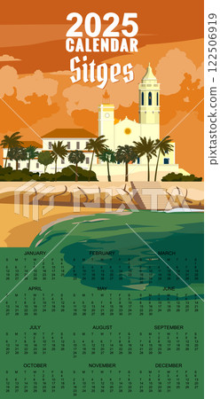 Monthly 2025 Calendar Sitges Spain travel poster, tropical resort bay view 122506919
