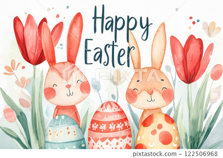 Watercolor illustration of cheerful Easter bunnies, decorated eggs, and tulips with "Happy Easter" text in a playful style. 122506968