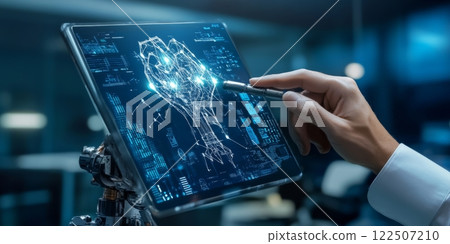 Hand using digital pen analyzing data on futuristic transparent tablet, developing software for global cloud computing and business analytics 122507210