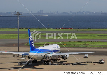 Passenger plane preparing for departure, cargo loading, aircraft moored offshore at Haneda Airport Passenger plane preparing for departure, cargo loading, aircraft moored offshore at Haneda Airport 122507236