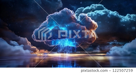 Cloud computing data exchange raining over water at night with stars 122507259