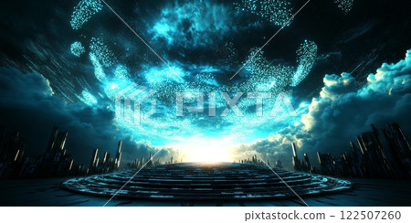 Futuristic city skyline with glowing data exchange in cloudy sky 122507260