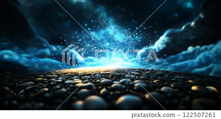 Digital network connecting data in futuristic landscape at night 122507261