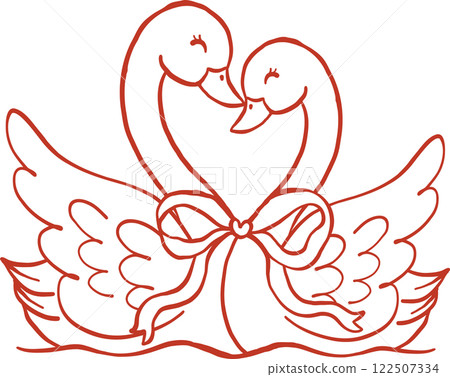 Coquette Lovebirds Swans with Pink Bow Doodle Outline 122507334