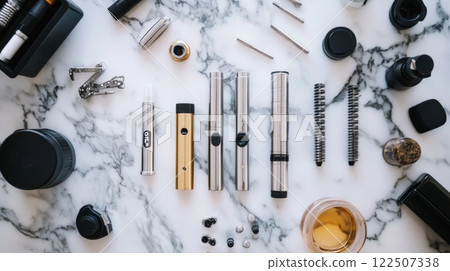 Vaporizers, oils, and accessories arranged on marble countertop for smoking or dabbing 122507338