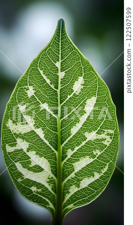 Close-Up of a Variegated Green Leaf with Detailed Vein Structure 122507599
