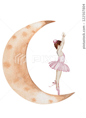 Ballerina watercolor. Hand drawn incredible girl dancer in pink tutu skirt on the moon. Clip art on isolated white background of cute ballet beauty. Perfect for poster and cards, princess daughter 122507804