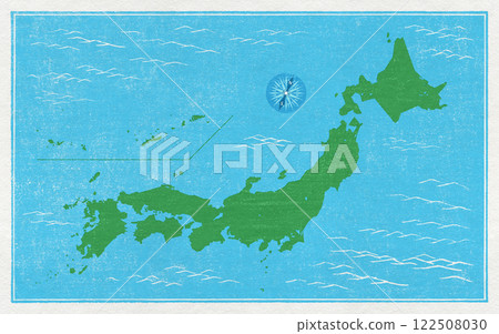 A retro-style map of Japan drawn in the style of a hand-printed woodblock print 122508030