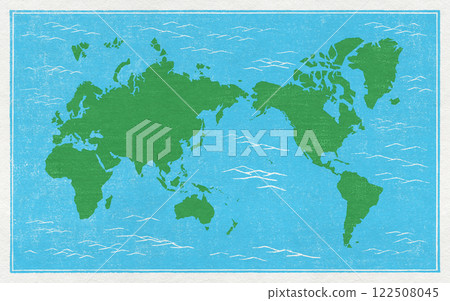 A retro world map drawn in the style of a hand-printed woodblock print. A retro world map drawn in the style of a hand-printed woodblock print. 122508045