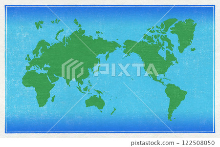 A retro world map drawn in the style of a hand-printed woodblock print. 122508050