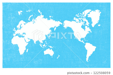 A retro world map drawn in the style of a hand-printed woodblock print. 122508059