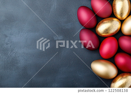 Red and gold Easter eggs arranged on a dark textured background with copy space. 122508138