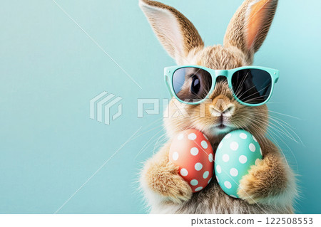 Cute bunny wearing sunglasses holding colorful polka dot Easter eggs against a blue background. 122508553