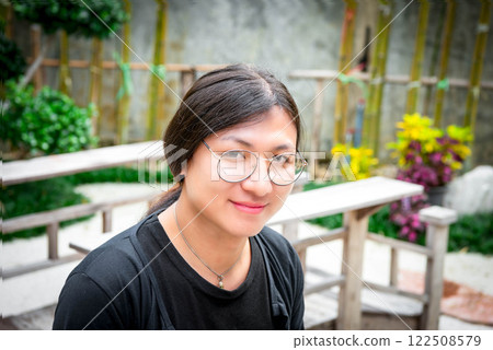 Woman (LGBTQ) posing outdoor fashion style 122508579