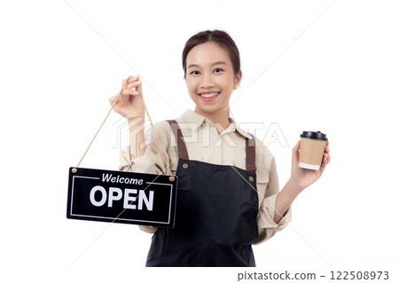 Portrait young asian barista woman wearing apron holding open sign and coffee cup for inviting. 122508973