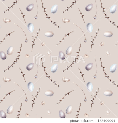 Watercolor Easter seamless pattern on a white background with eggs, linden branches and willow. Easter holiday illustration hand drawn on isolated background for greeting cards, invitations, posters. 122509094