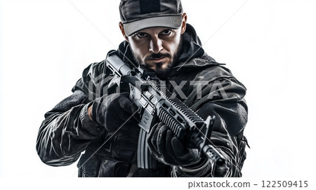 Special forces soldier holding a rifle 122509415