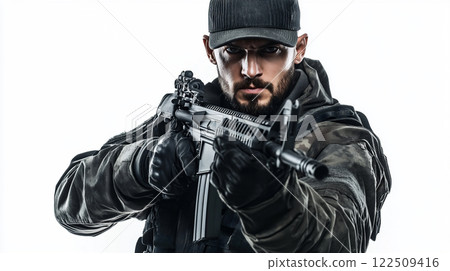 Special forces soldier holding a rifle 122509416