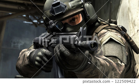 Special forces soldier holding a rifle 122509422