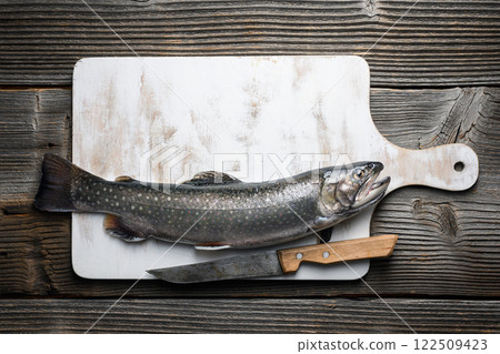 Arctic char fish on white wooden chopped board Arctic char fish on white wooden chopped board 122509423