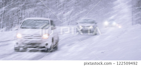 Challenging Snowy Winter Driving Conditions Occur Due to Icy Roads and Severe Weather, Winter snowstorm, snowfall and ice on roads with strong winds. Poor visibility and dangers on the road, driving 122509492