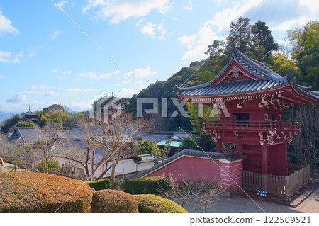 奈良縣當摩寺的鐘樓門、西塔、東塔和藍天 [1月] 122509521