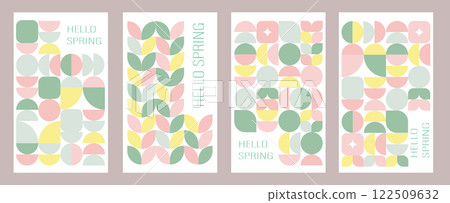 Hello Spring. Nature. Set of spring modern backgrounds with minimalist geometric flowers. Flat trendy design. Abstract template for poster, branding, ads, card, prints, banner. 122509632