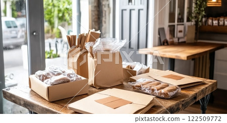 Cardboard boxes and food bags waiting for delivery in a small shop 122509772