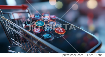Shopping cart with e commerce icons floating over smartphone promoting online marketplace business 122509784