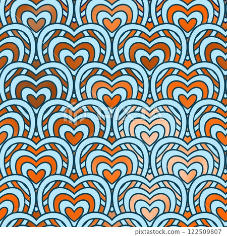 Seamless pattern with blue wavy lines in the shape of a heart on a red background. 122509807