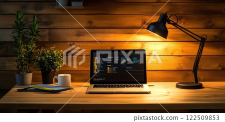 Laptop showing statistics on wooden desk with lamp and plants Laptop showing statistics on wooden desk with lamp and plants 122509853