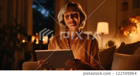 Smiling senior woman using digital tablet at home in the evening, browsing online marketplace 122509864