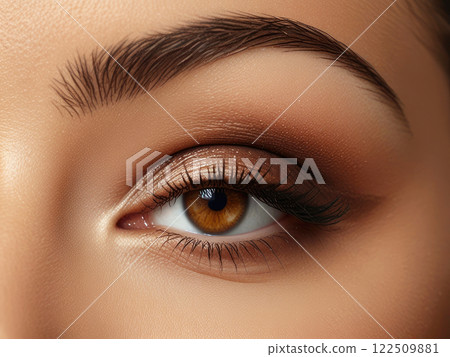 Girl's face close up. Eye makeup in beige and brown colors Girl's face close up. Eye makeup in beige and brown colors 122509881