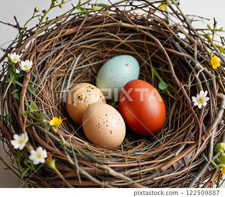 Multi-colored Easter eggs lie in a nest woven from willow branches, a white background, willow branches and spring flowers. Multi-colored Easter eggs lie in a nest woven from willow branches, a white background, willow branches and spring flowers. 122509887